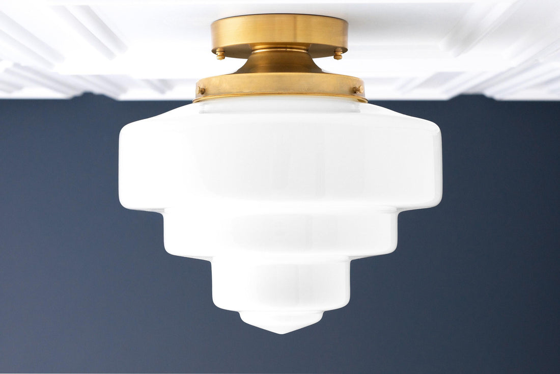 Geotower Glass Brass Ceiling Lamp – Handblown Opal Glass Globe Light