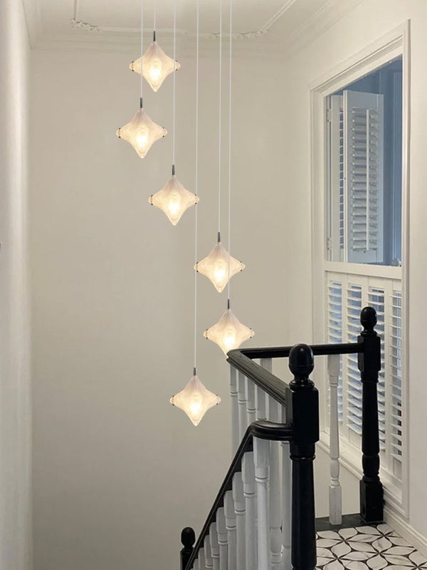 Art Deco Star Staircase Pendant Light -Frosted Glass Hanging Fixture-Astris Altair
