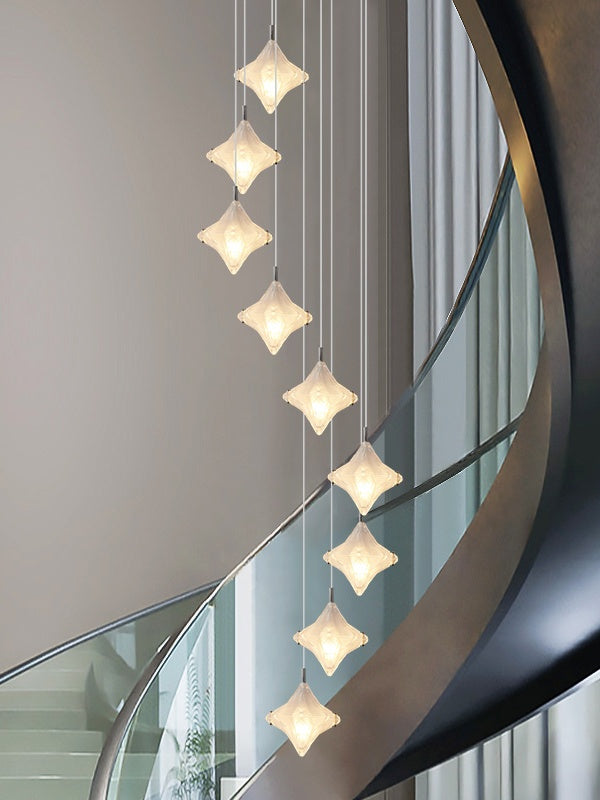 Art Deco Star Staircase Pendant Light -Frosted Glass Hanging Fixture-Astris Altair