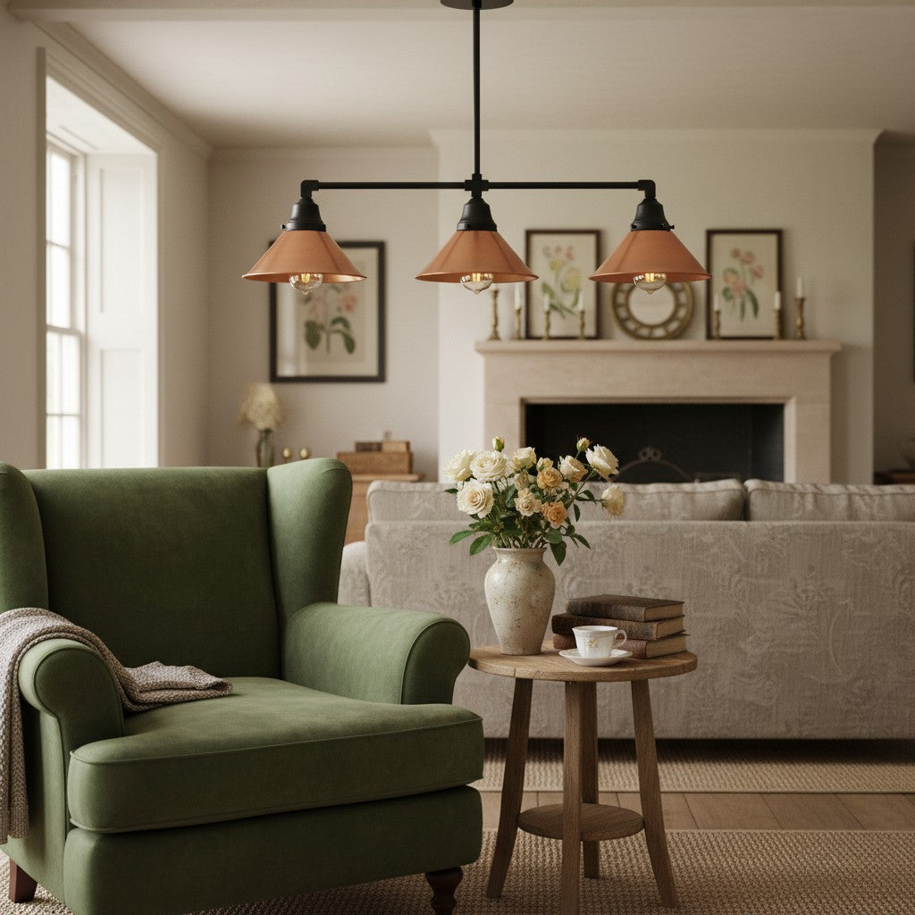 Conique Metal Hand-Aged Copper Chandelier - 3 Light Industrial Pendant - Island Lighting