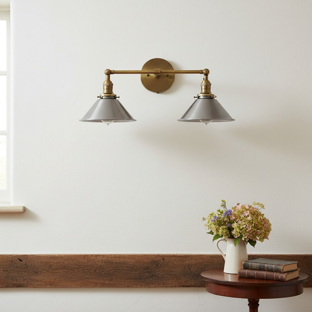 Conique Metal Industrial Wall Sconce with Dual Cone Shades - Vintage Metal Finish