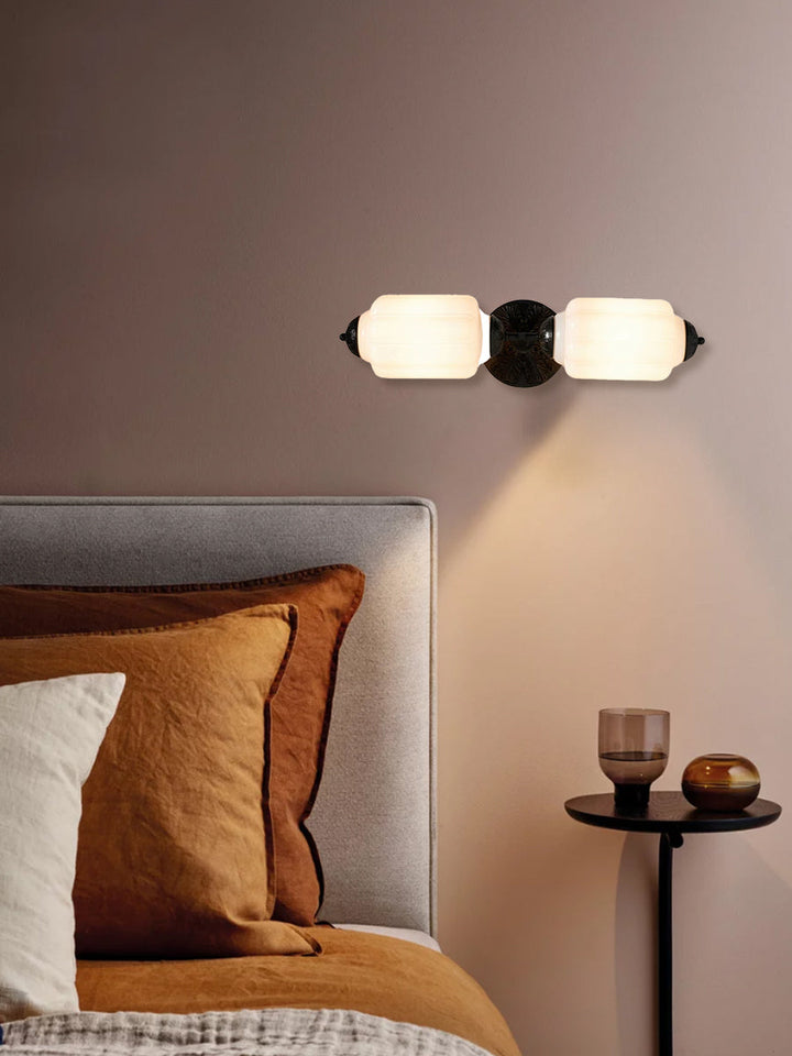 American Vintage Glass Lantern Wall Sconce Black Metal Detail