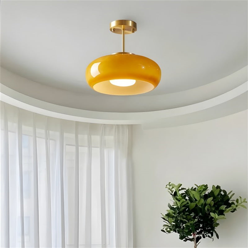 Glass Disc Ceiling Light – Vintage Brass Bauhaus Fixture for Hallway