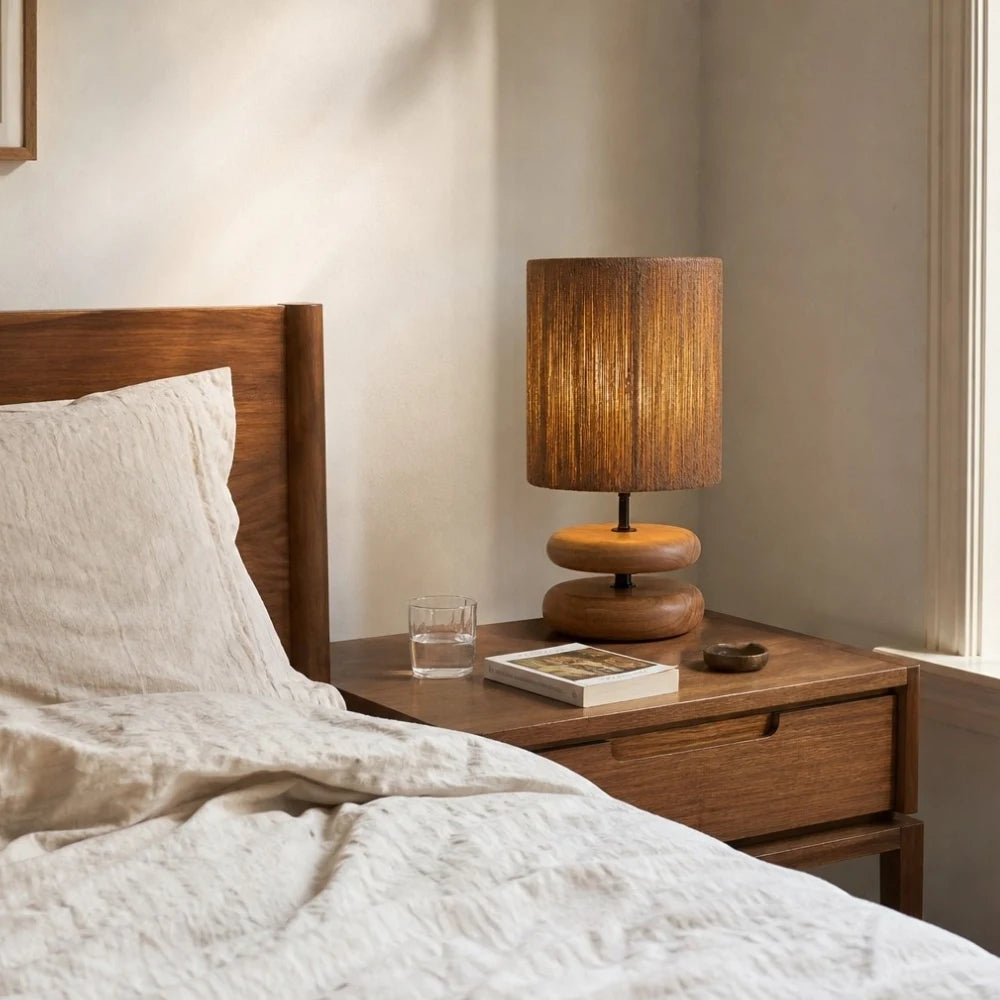 Natural wabi sabi table lamp on a bedroom nightstand