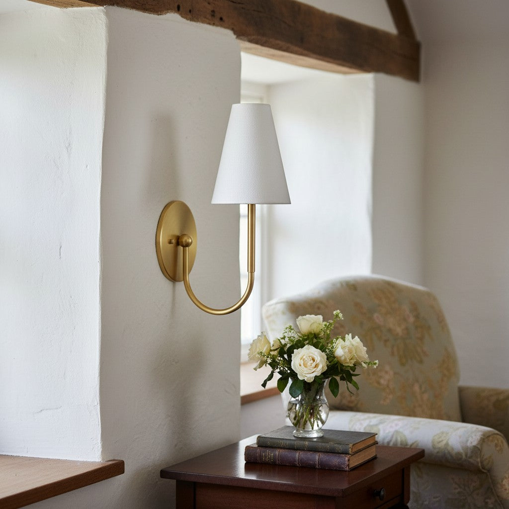 Curva Metal White Linen Sconce - Classic Brass Wall Light for Bedrooms