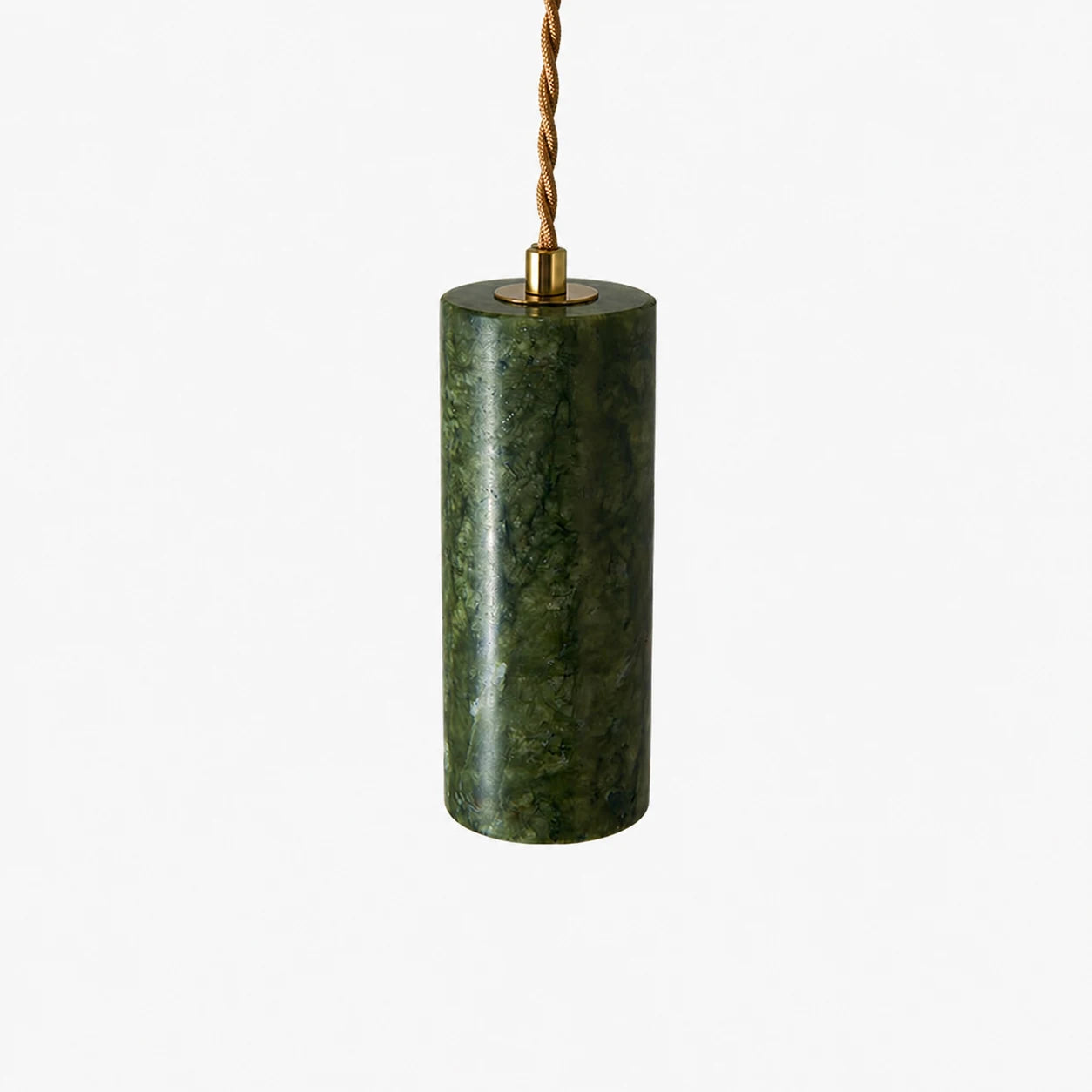 Close product view of the green jade cylinder shade with brass tone top hardware
