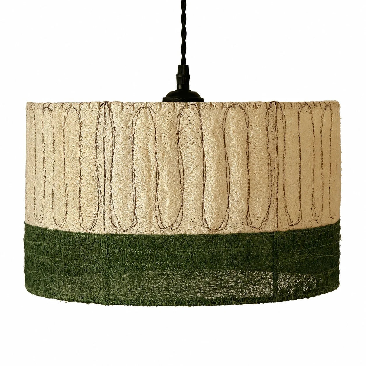 Natural loofah fiber pendant shade in beige and moss green