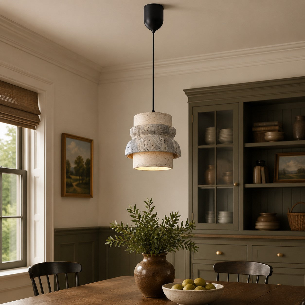 Style A gray travertine stone pendant in a dining room