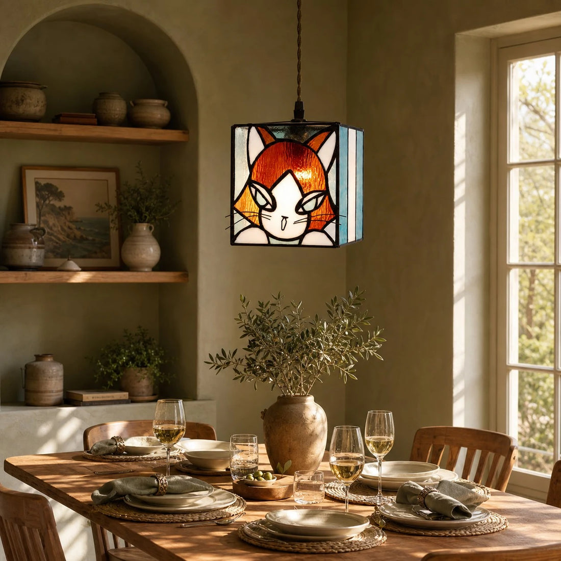 stained glass cat pendant light installed in a warm room