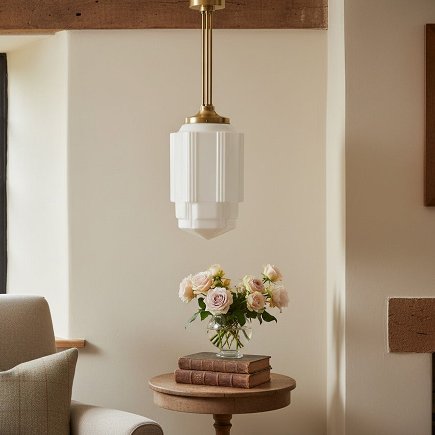 Geotower Glass Brass Pendant – Opal Globe Art Deco Hanging Light