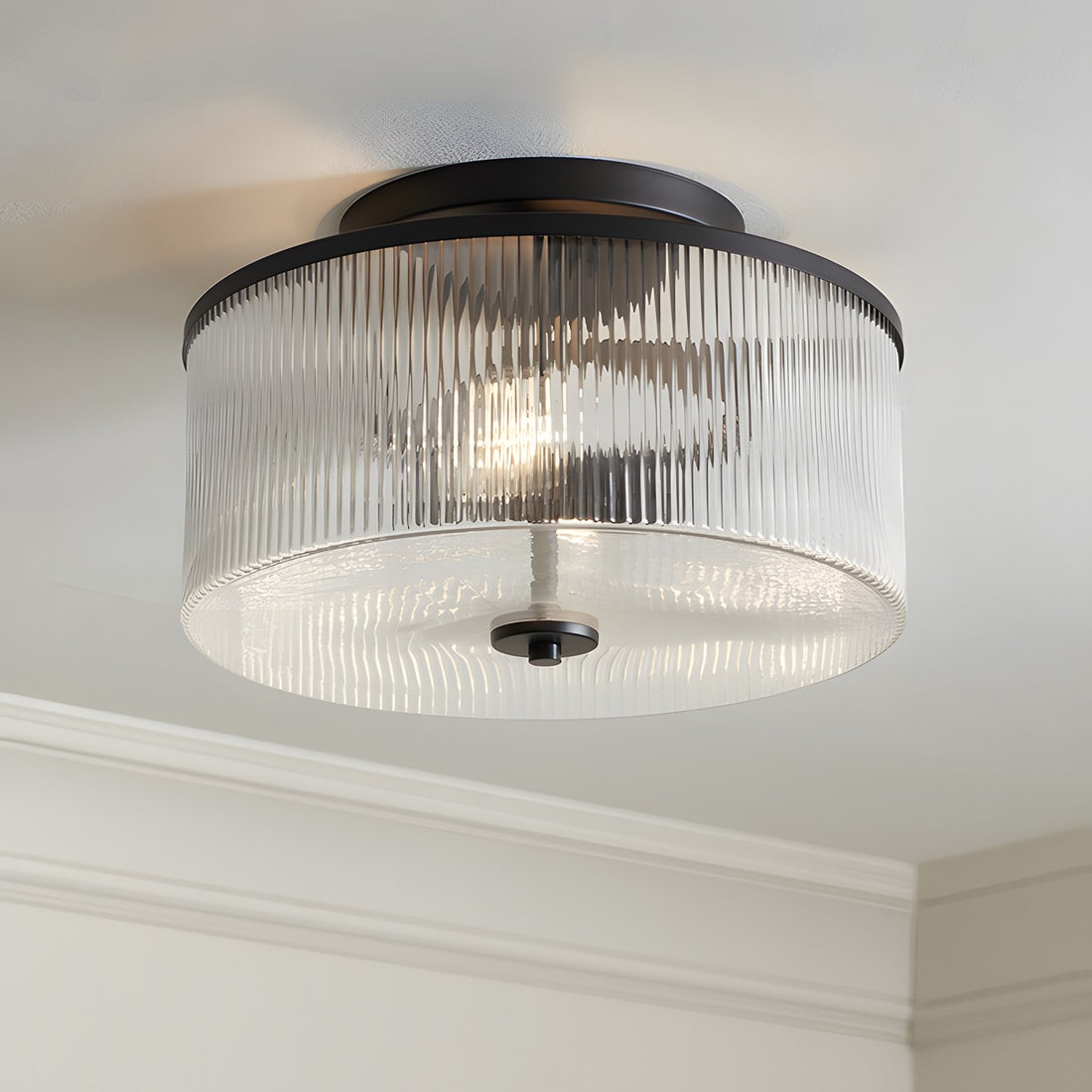 Plafonnier tambour en verre rayé Claude Farmhouse - Suspension rétro