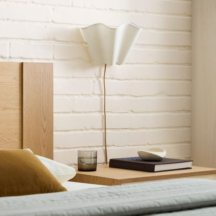 Oslan Scalloped Ivory Linen Wall Light - Modern Plug-In Bedroom Sconce