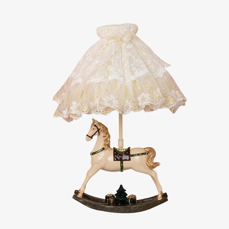 Full rocking horse table lamp with illuminated embroidered shade