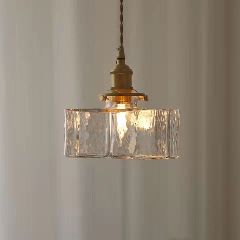 Suspension traditionnelle vintage carrée rectangulaire en verre ondulé à 1 ampoule pour salon