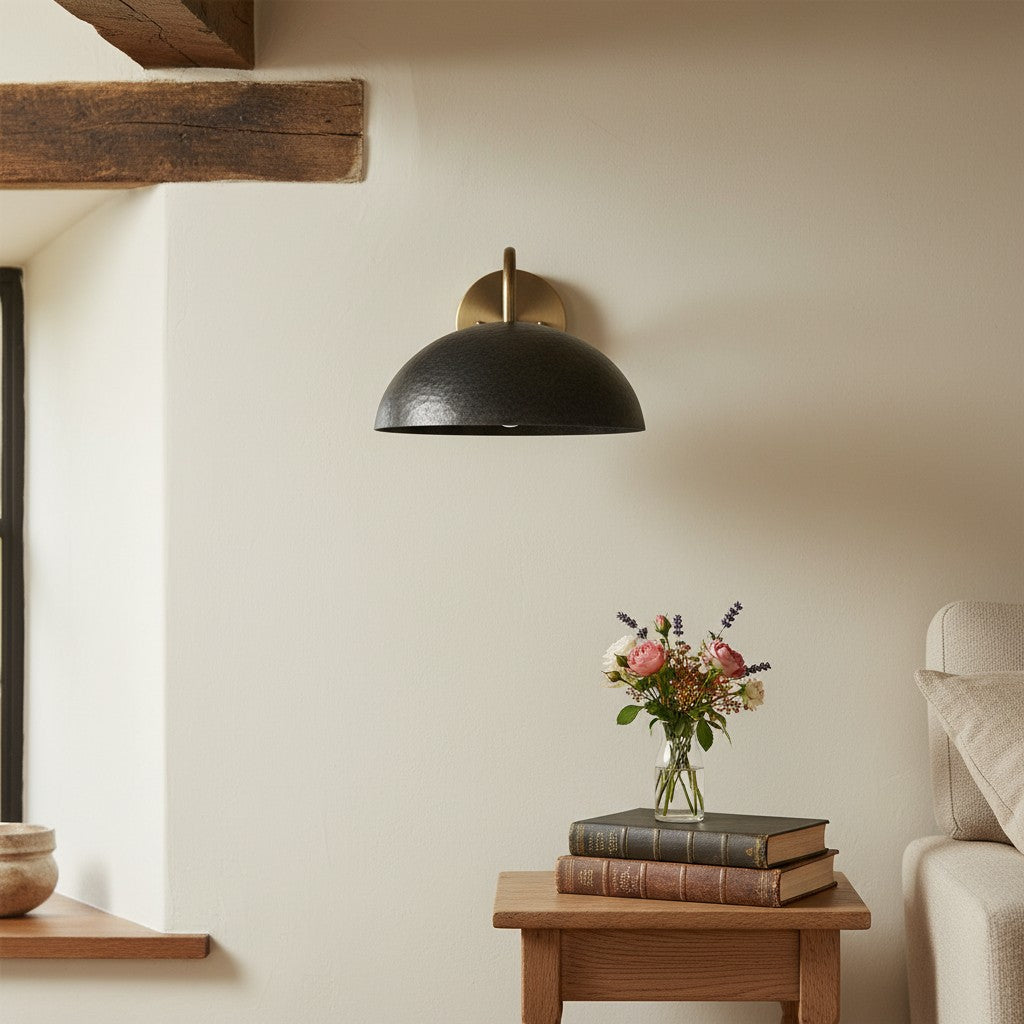 Curva Metal  Industrial Wall Sconce - Curved Brass Arm - Hammered Dome Light Fixture