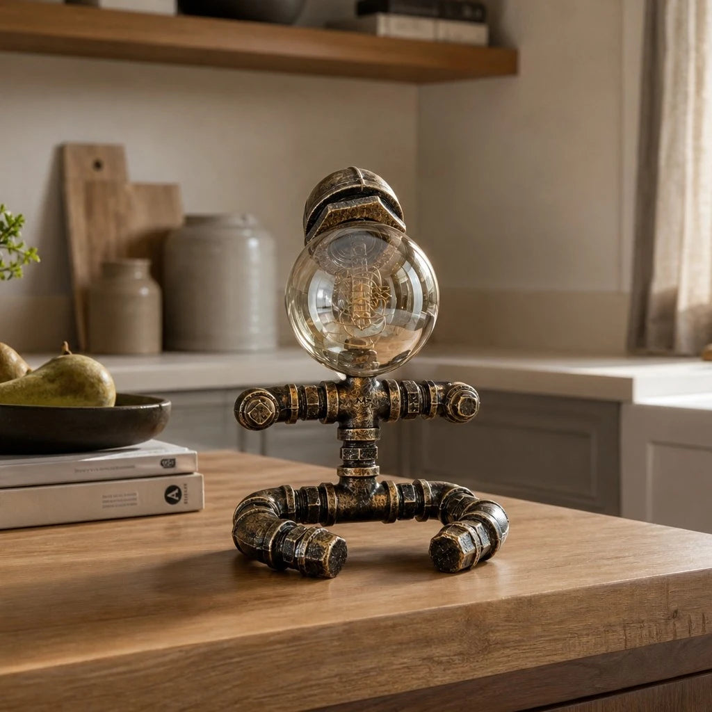 Industrial globe pipe lamp near a window