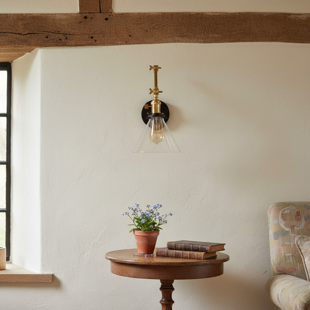 Conique Metal Industrial Wall Sconce with Adjustable Arm - Vintage Glass Cone Shade