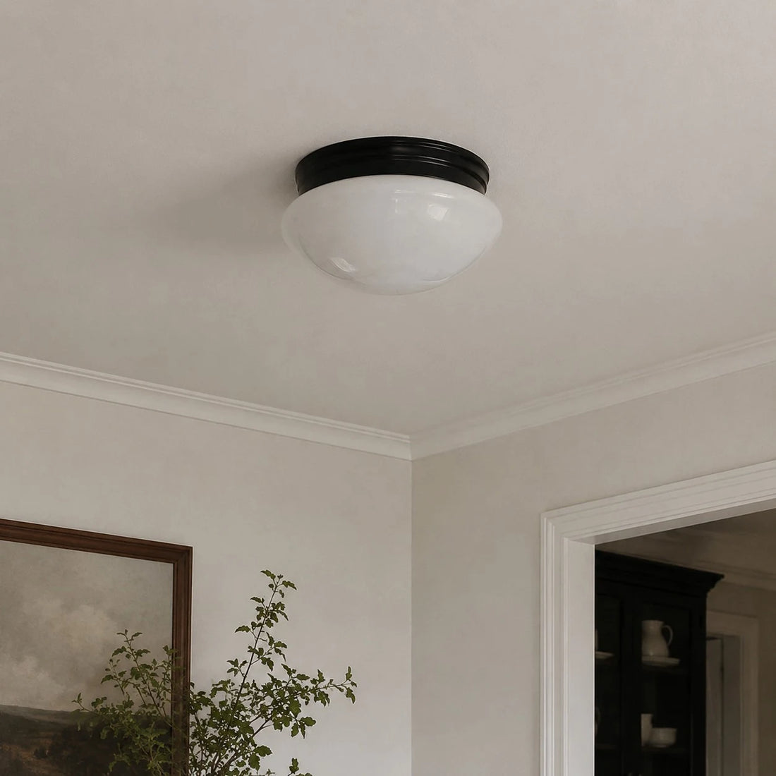 Opal glass flush mount installed in a calm neutral room