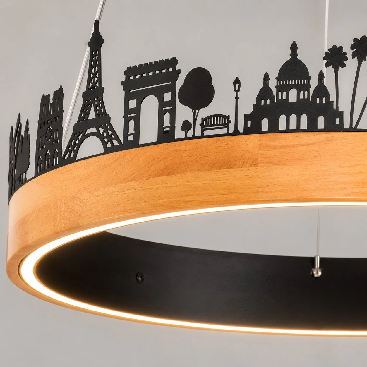 Close-up of the black ring and wood grain finish