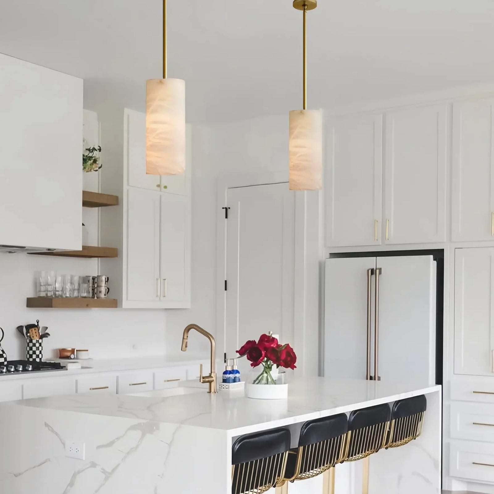 Hand Carved Alabaster Cylinder Pendant Light