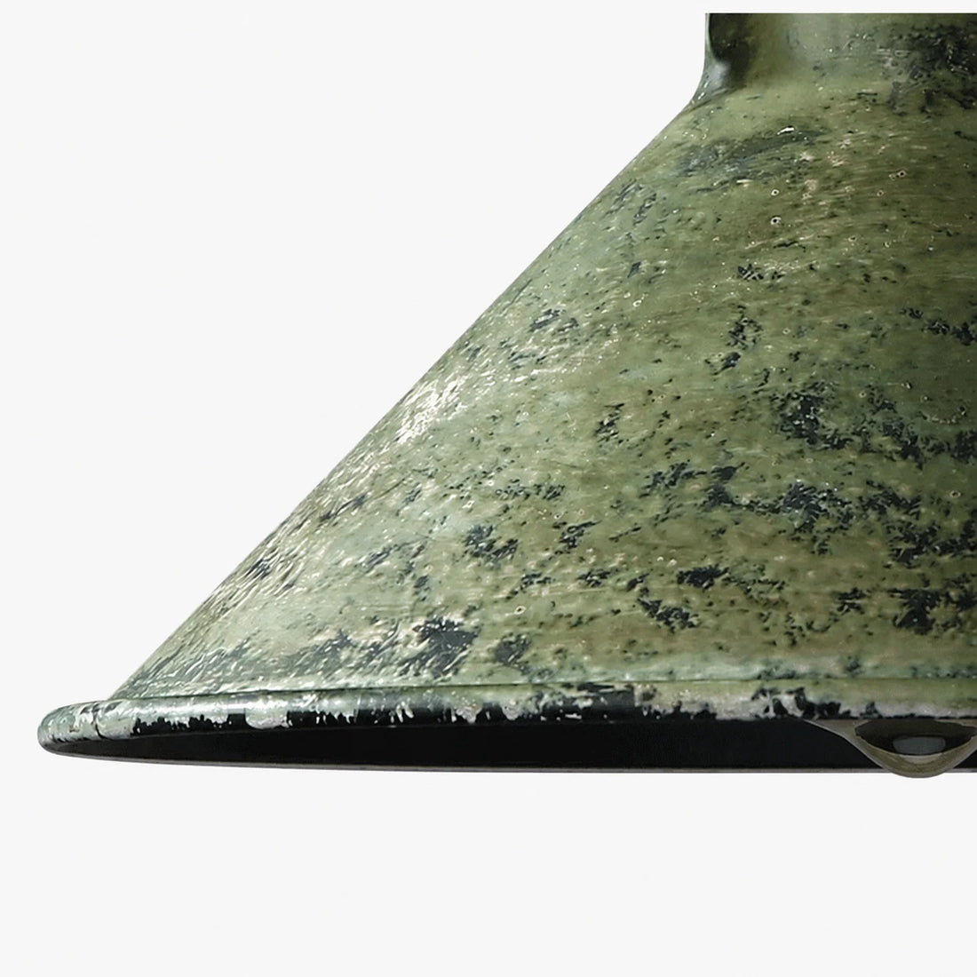 Close view of distressed green metal shade rim