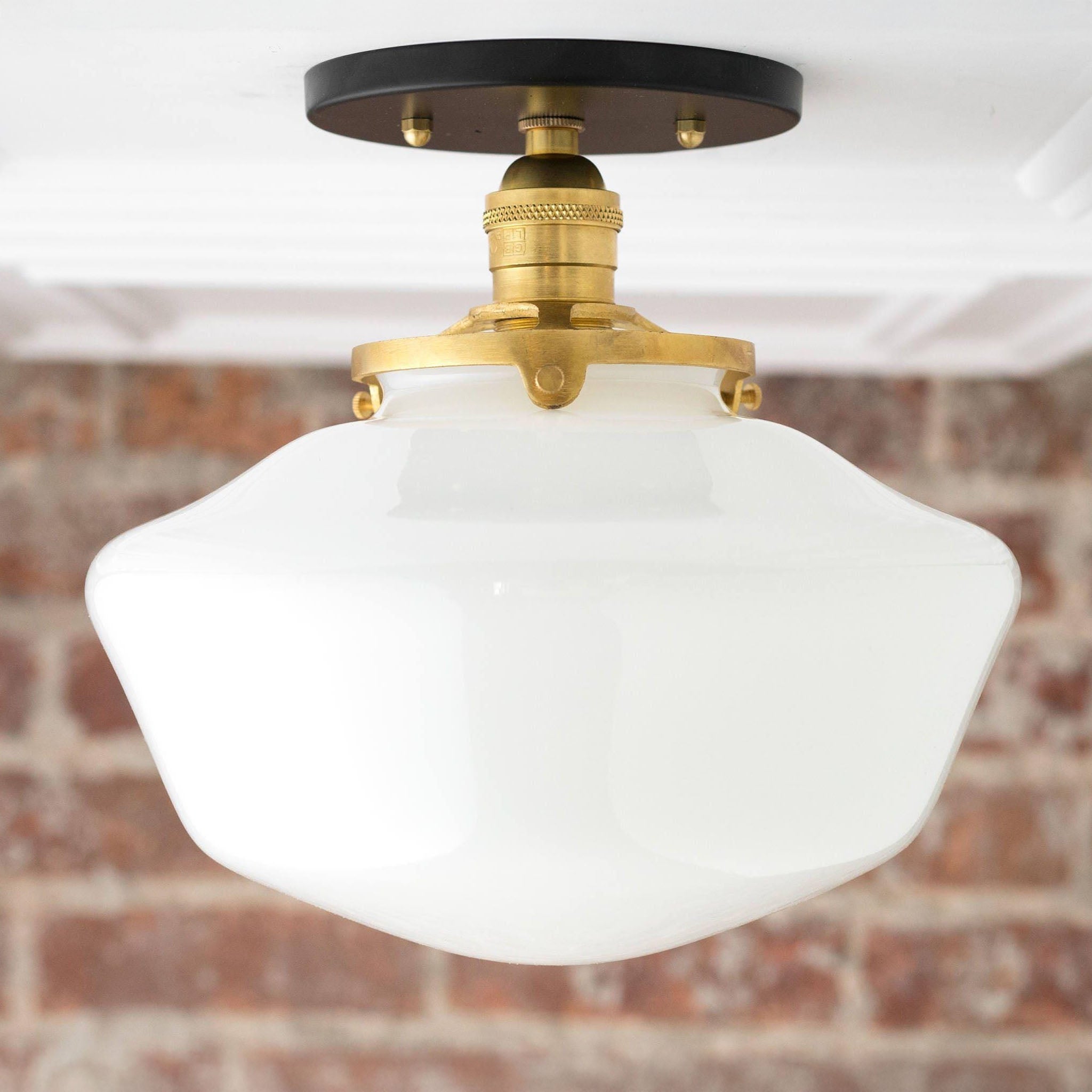 Geotower Glass Brass Ceiling Light - Opal Glass Schoolhouse Shade - Modern Elegance