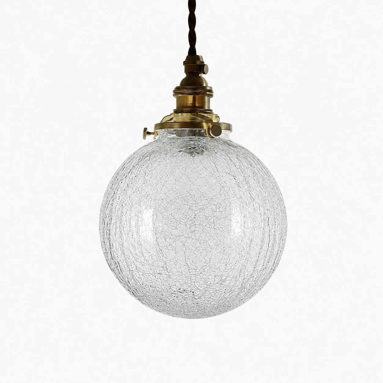 Style A brass pendant light with round clear crackle glass shade