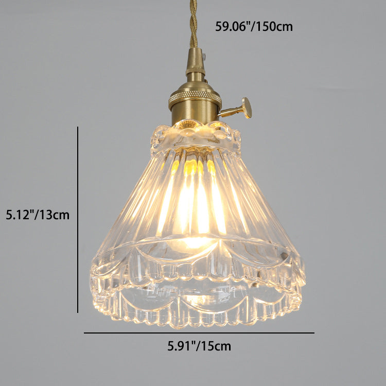 Traditional Japanese Brass Walnut Glass Ceramic Cylinder Conic Flower Bowl 1-Light Pendant Light For Dining Room