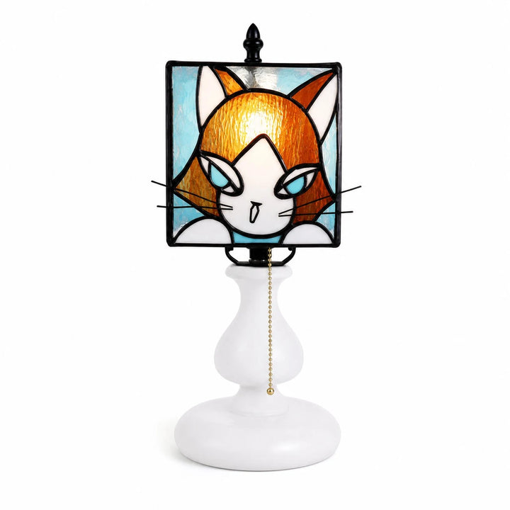 Orange yellow cat stained glass table lamp on white background
