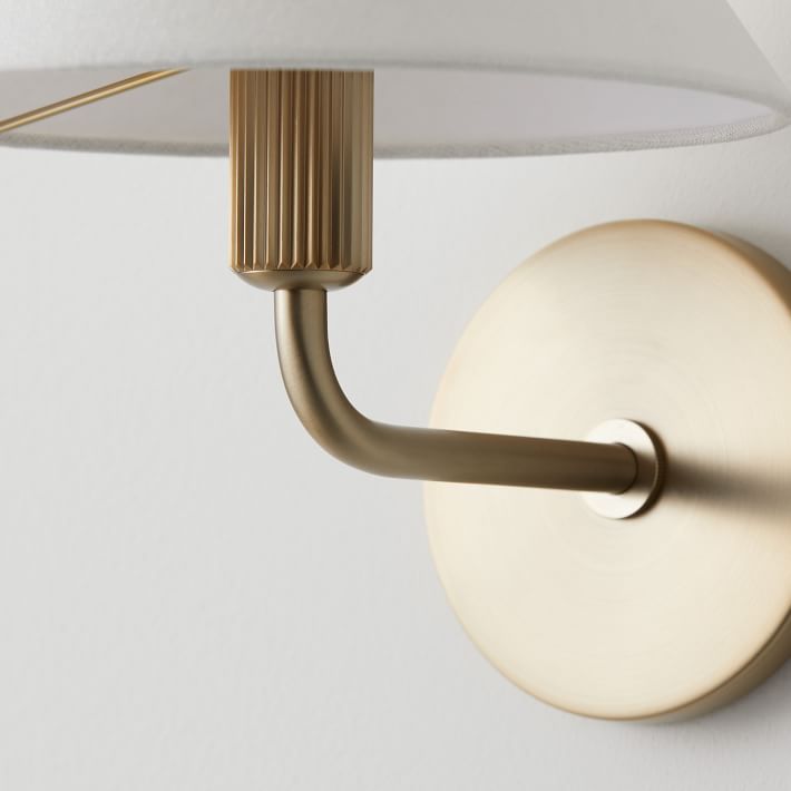 Diora Modern Brass Wall Sconce - Tapered Linen Shade Lamp for Bedroom