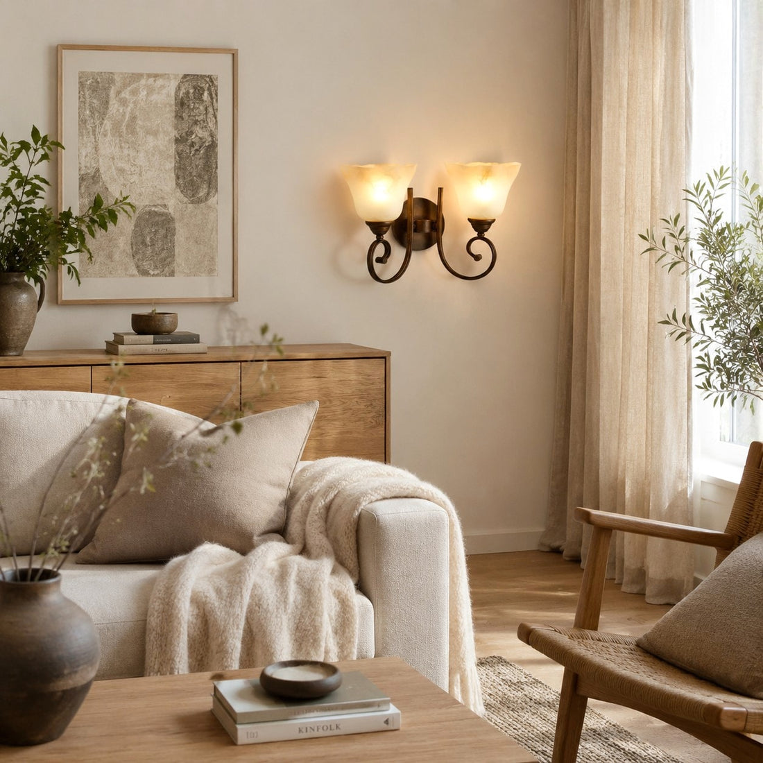 One-light wall sconce beside a sofa