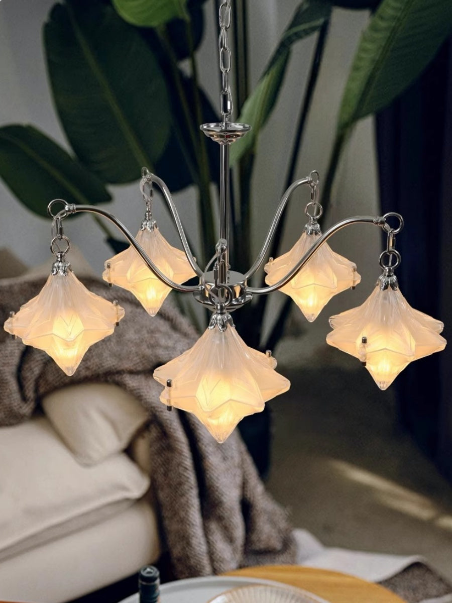 Art Deco Astris Star Chandelier -Frosted Glass Deco Fixture for Dining Room