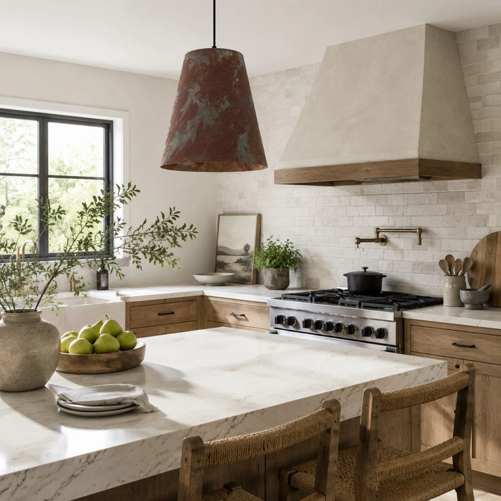 Rust copper patina pendant lamp above a bright kitchen island