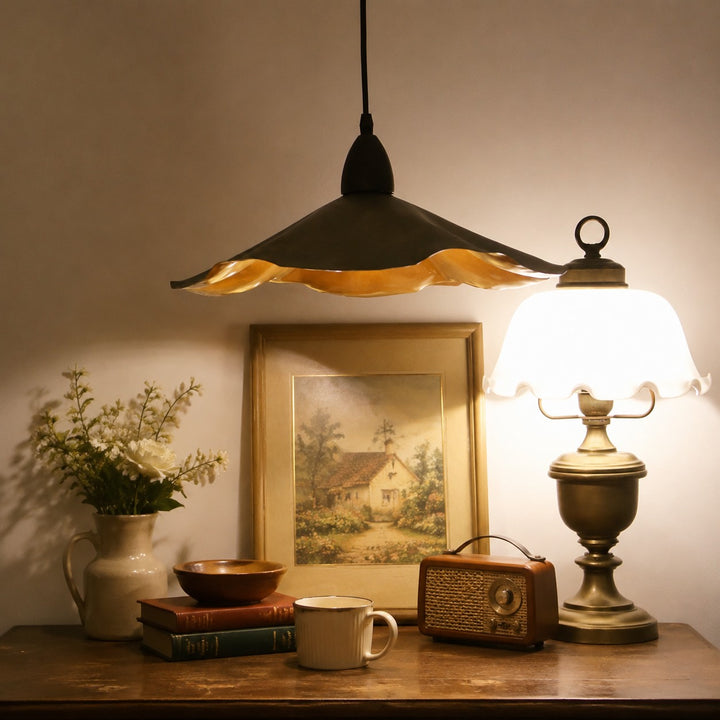 Vintage Wavy Pendant Light with Aged Metal Shade