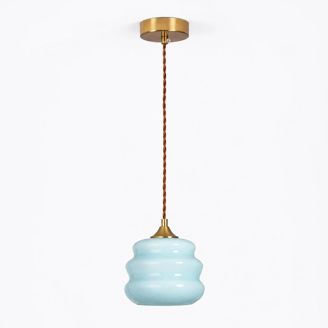 Blue ribbed glass pendant light full view