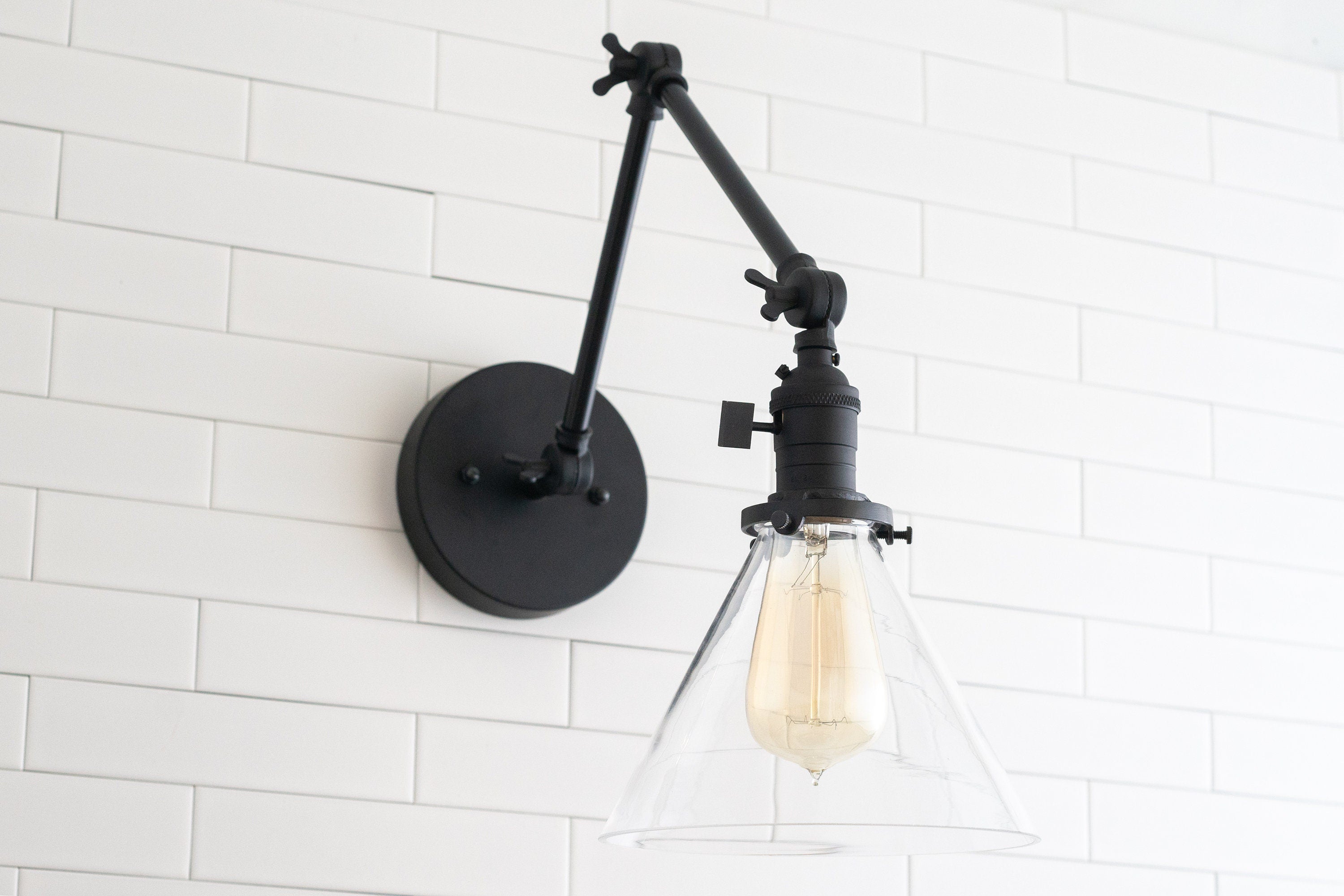 Conique Metal Industrial Wall Sconce with Adjustable Arm - Vintage Glass Cone Shade