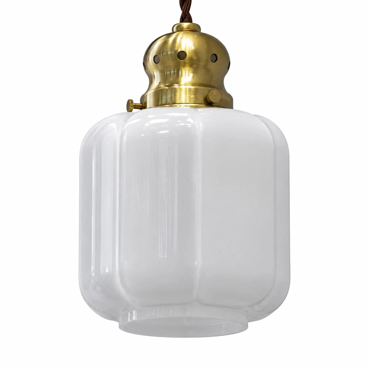 Angled view of vintage white glass pendant lamp shade