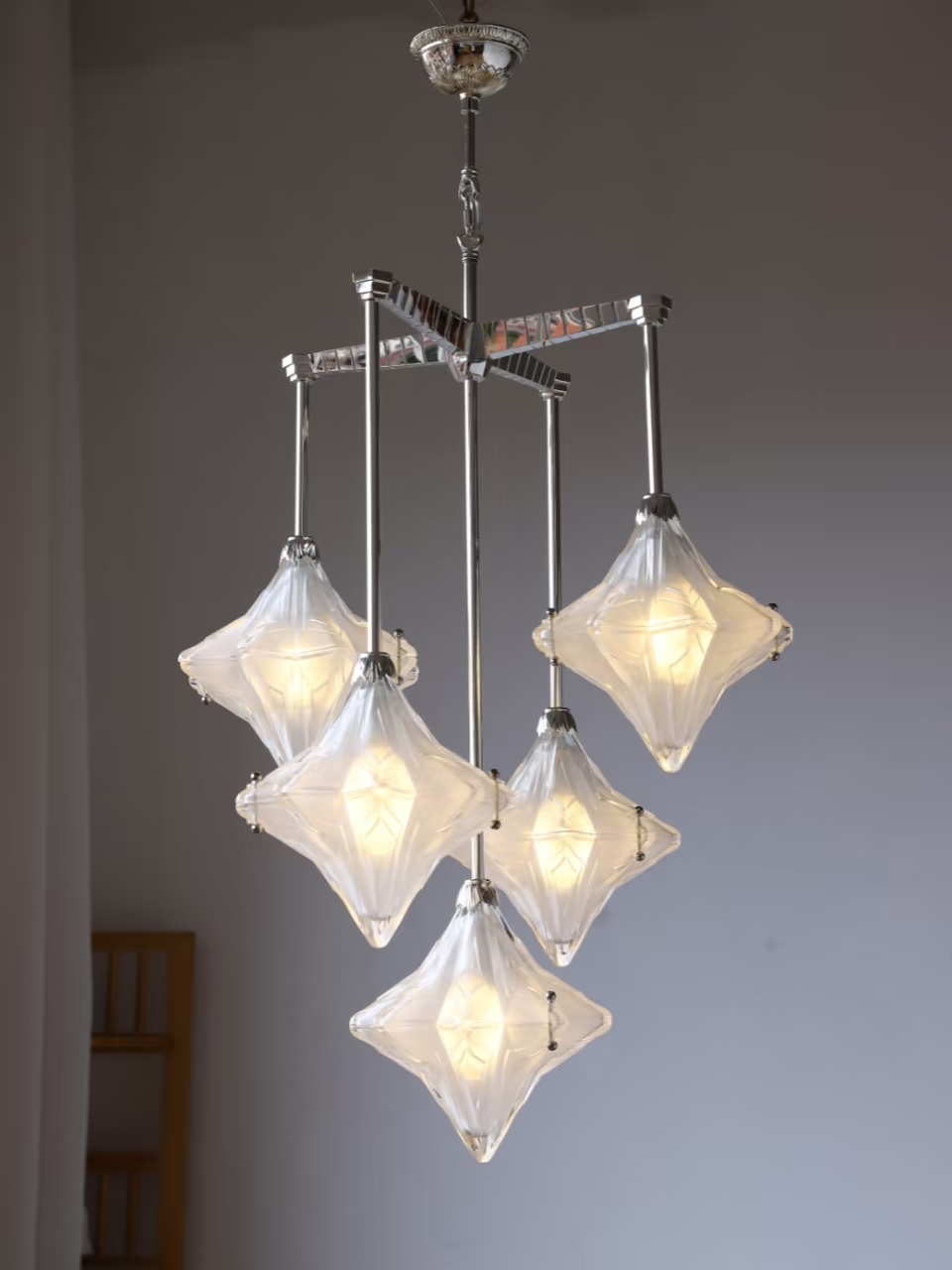 Art Deco Astris Star Chandelier -Frosted Glass Deco Fixture for Dining Room