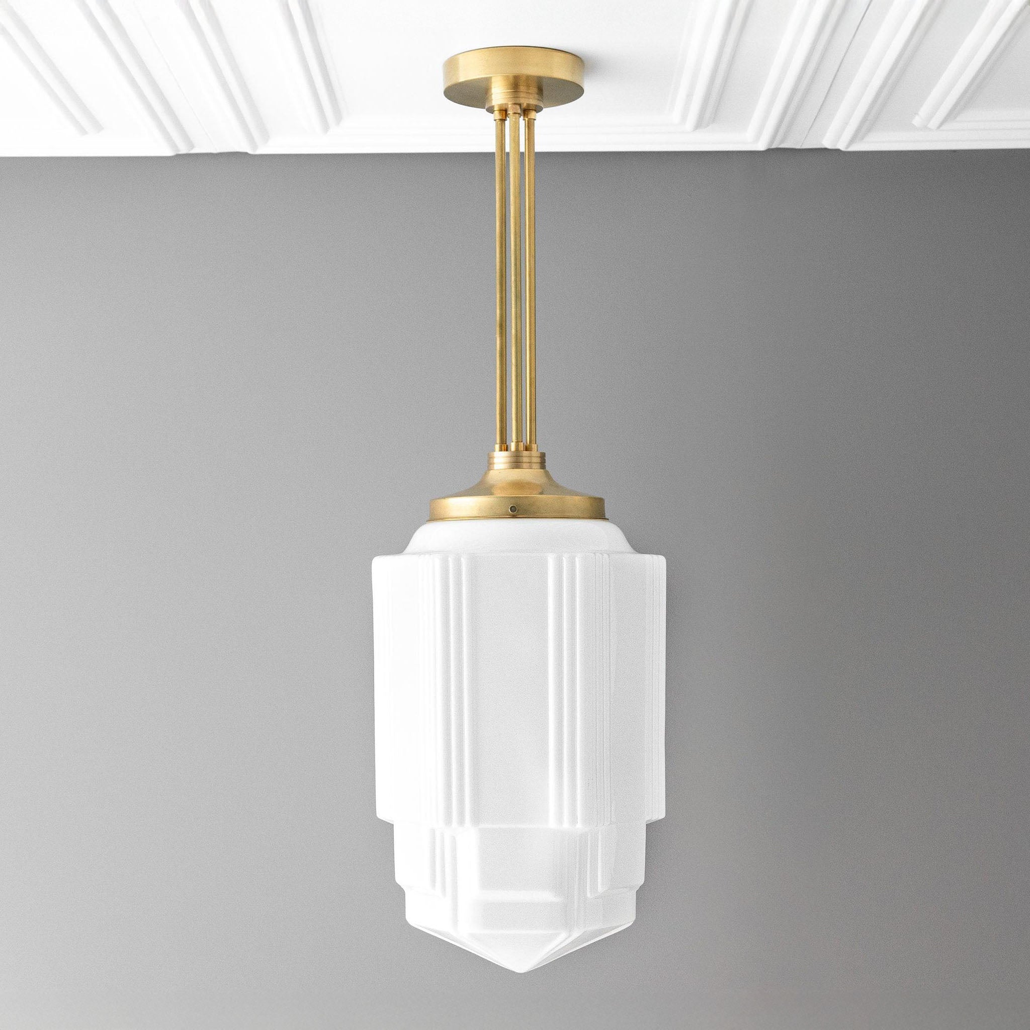 Geotower Glass Brass Pendant – Opal Globe Art Deco Hanging Light