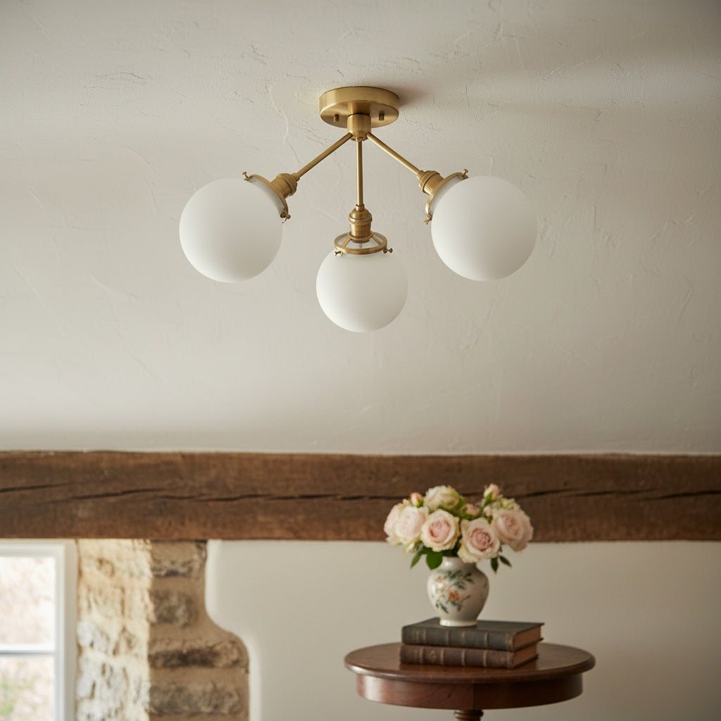 Glorica Glass Chandelier - Brass Globe Ceiling Light with Opal Shade