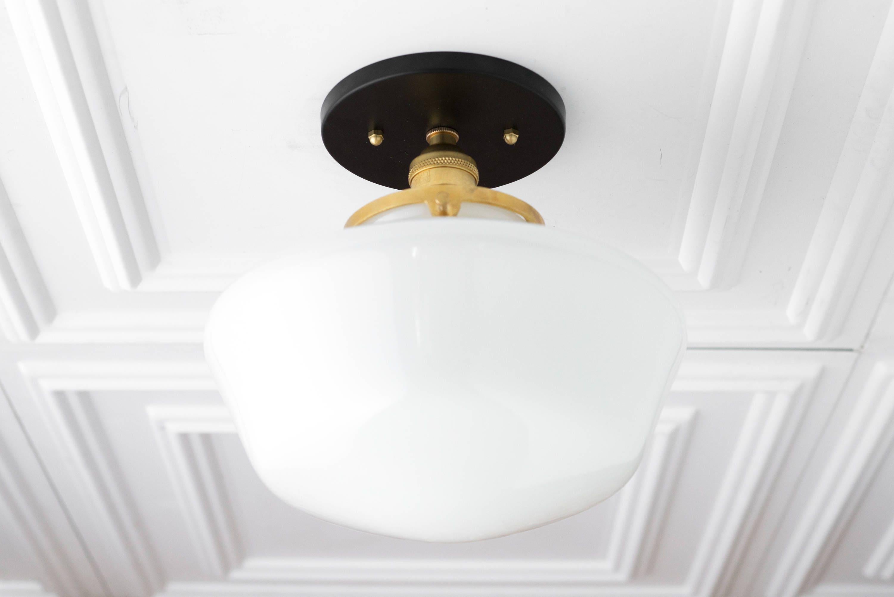 Geotower Glass Brass Ceiling Light - Opal Glass Schoolhouse Shade - Modern Elegance