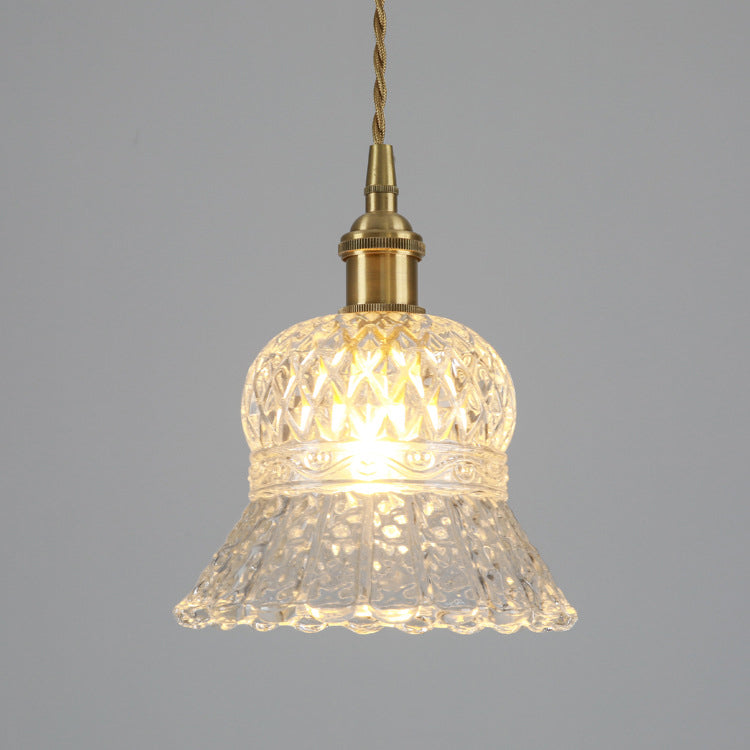 Traditional Japanese Brass Walnut Glass Ceramic Cylinder Conic Flower Bowl 1-Light Pendant Light For Dining Room