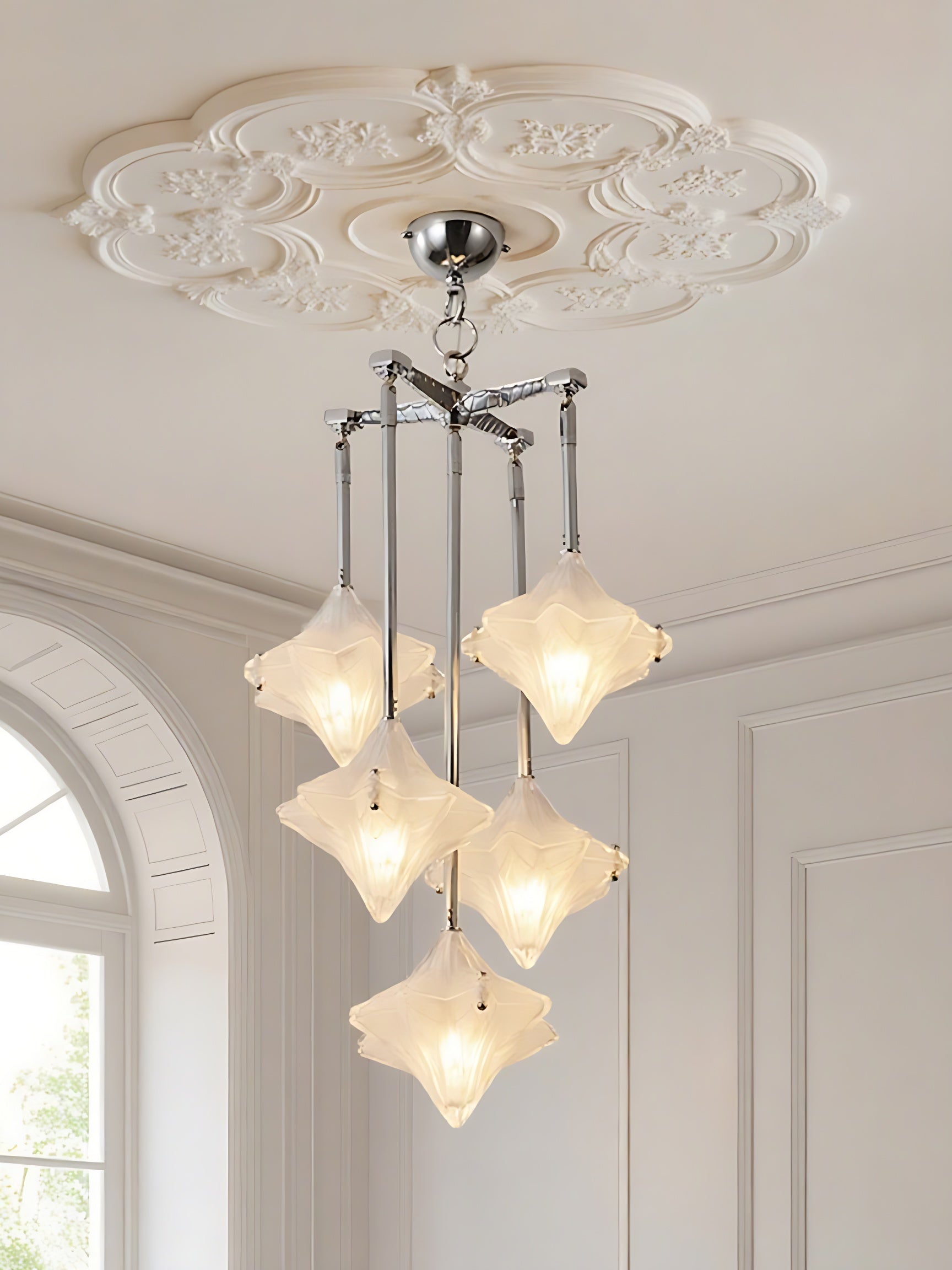 Art Deco Astris Star Chandelier -Frosted Glass Deco Fixture for Dining Room