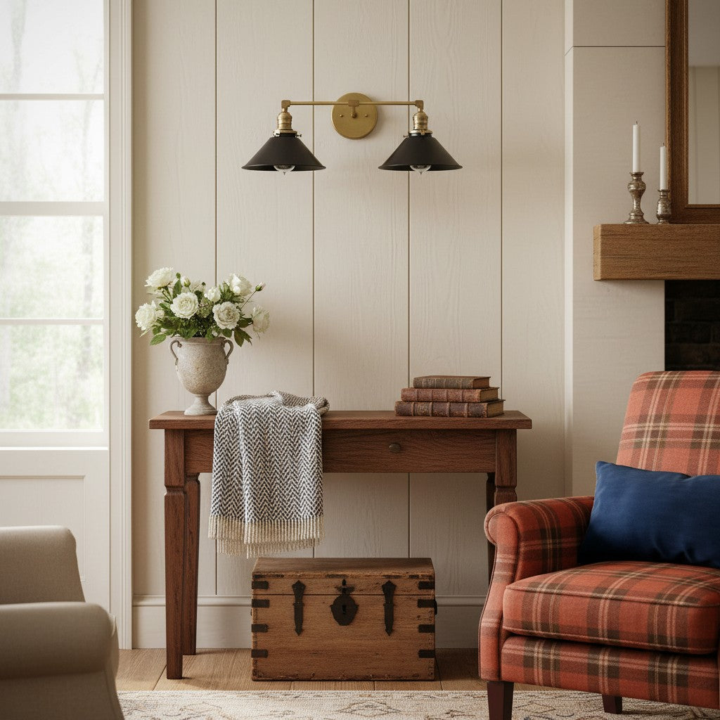 Conique Metal Dual Black Sconce with Cone Shades - Industrial Vanity Wall Light for Mirror