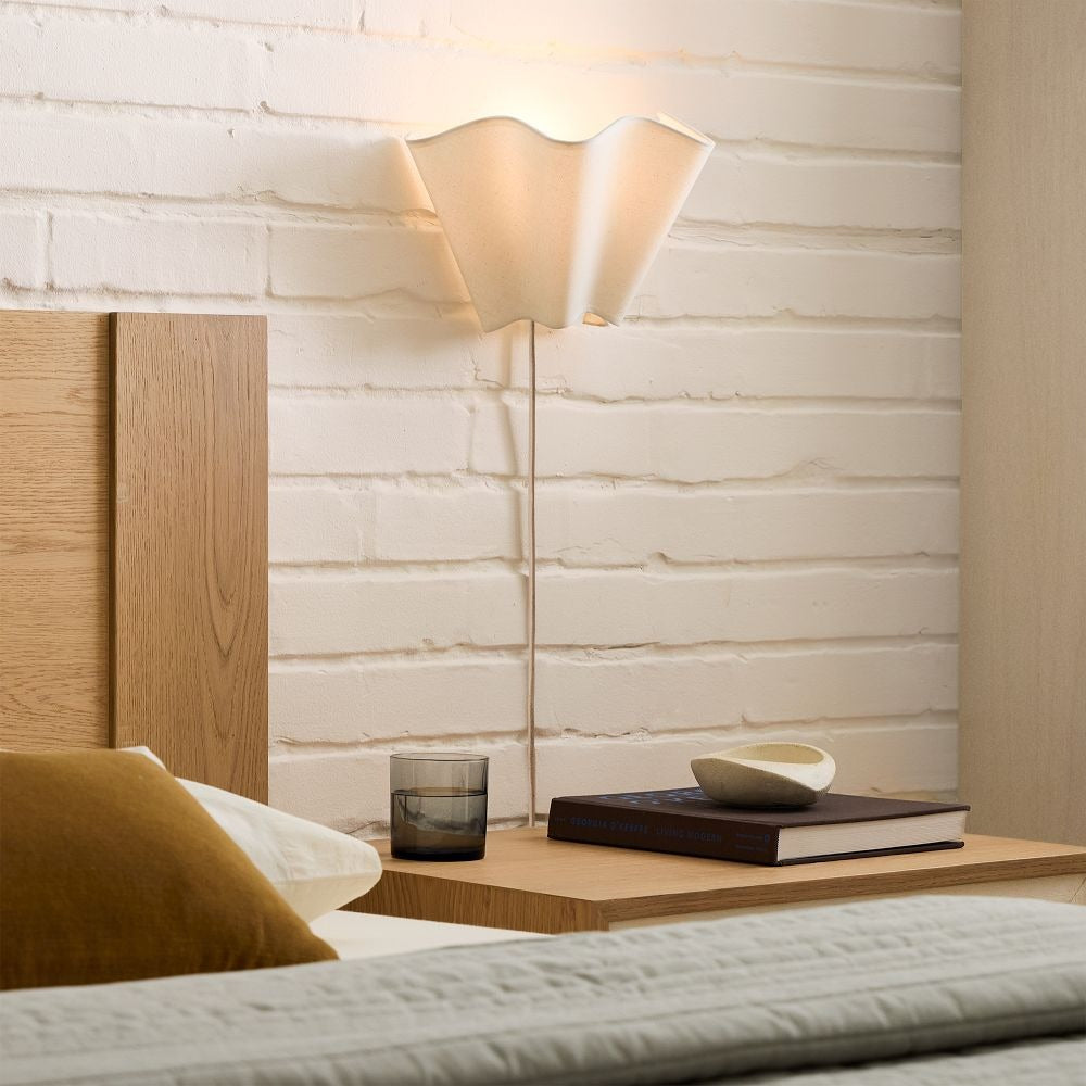 Oslan Scalloped Ivory Linen Wall Light - Modern Plug-In Bedroom Sconce