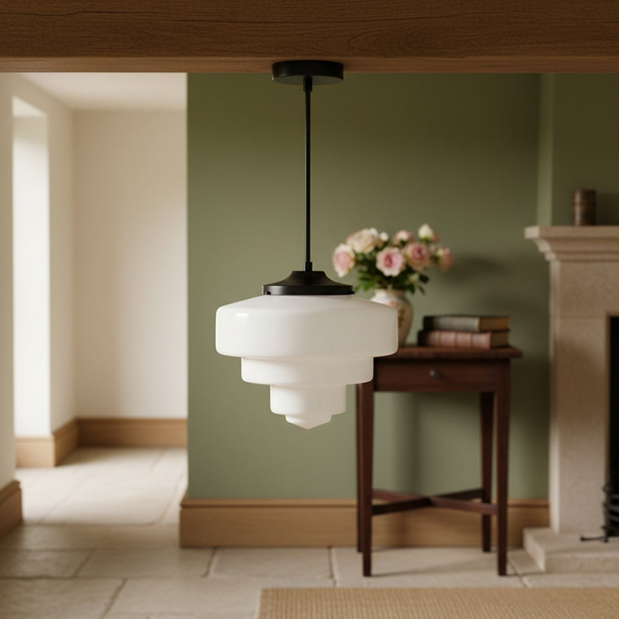 Geotower Glass Brass Pendant Light – Art Deco Opal Globe Ceiling Fixture