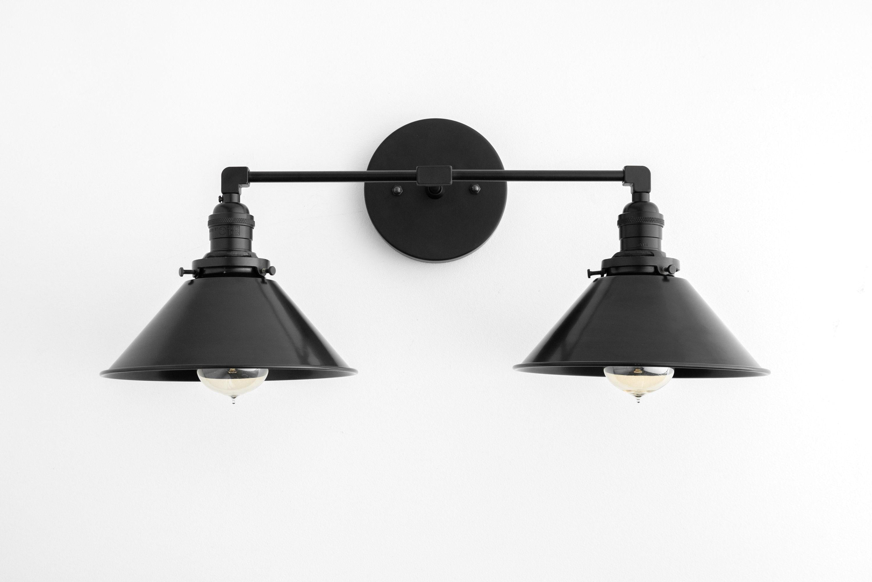 Conique Metal Dual Black Sconce with Cone Shades - Industrial Vanity Wall Light for Mirror