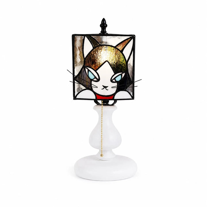 Smoke purple cat stained glass table lamp on white background