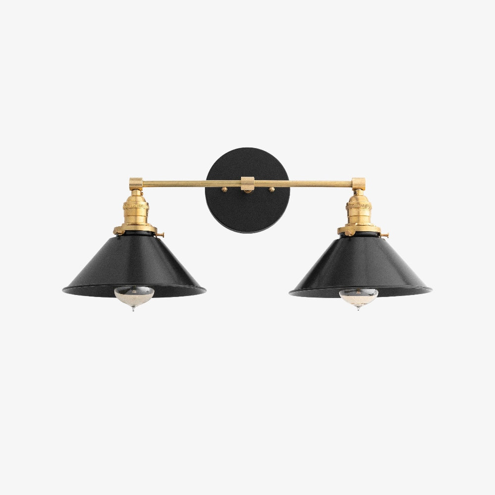 Conique Metal Dual Black Sconce with Cone Shades - Industrial Vanity Wall Light for Mirror