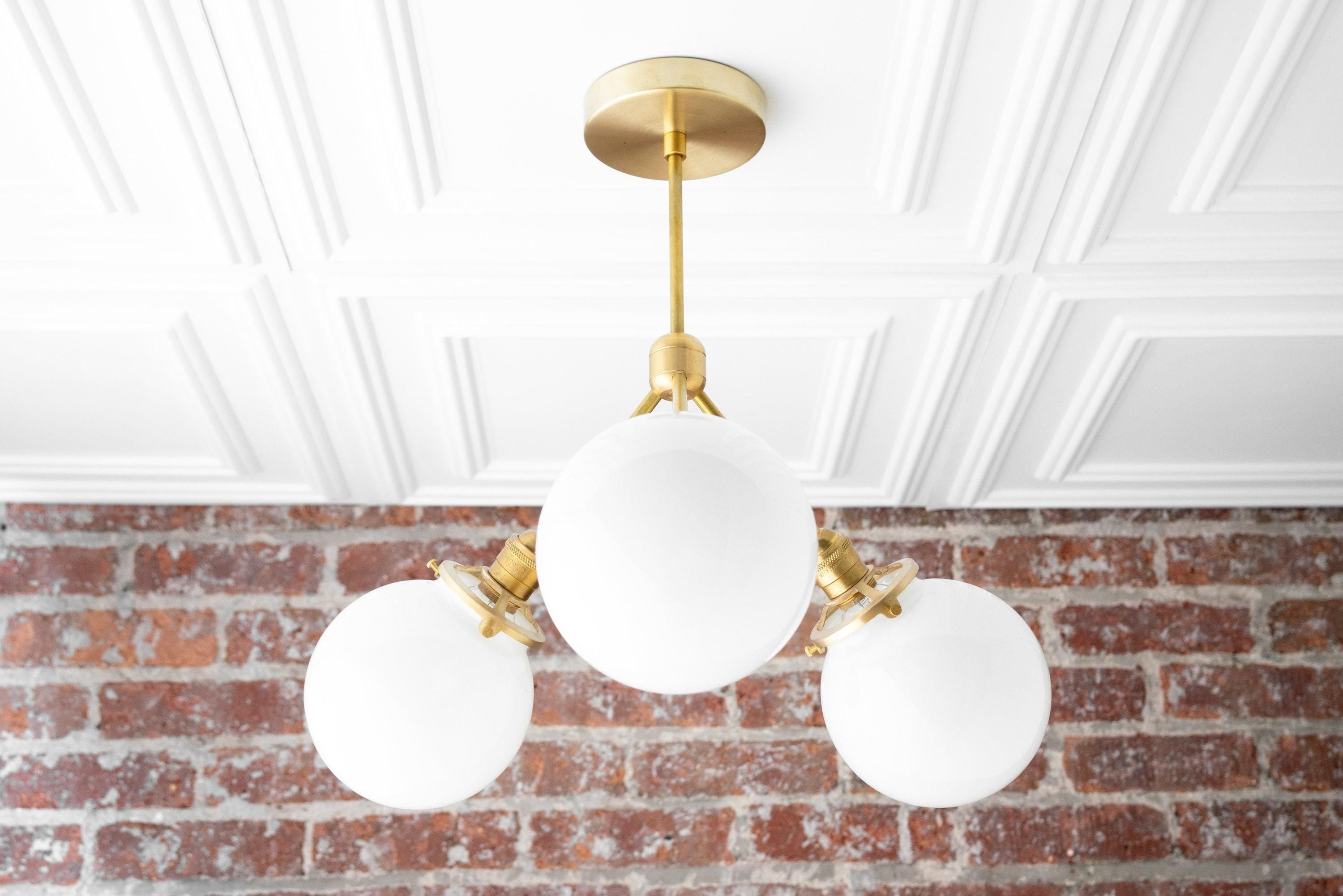 Glorica Glass Chandelier - Brass Globe Ceiling Light with Opal Shade